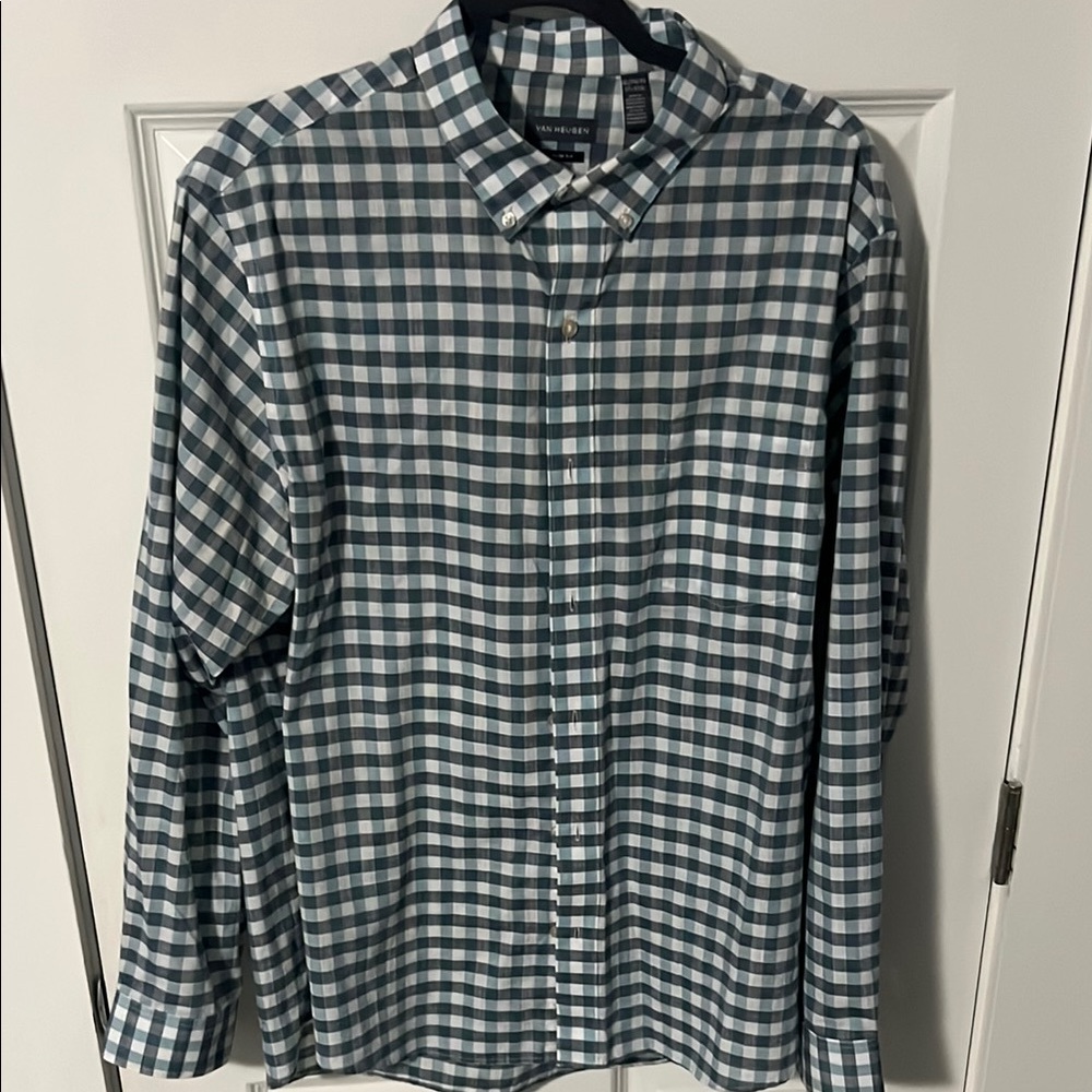 Van Heusen Teal and White Checkered Casual Button Down Shirt
